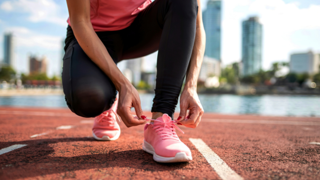 A runner who has found success with Fracture Healing and her LIPUS technology laces her shoes for a spring race.